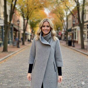 Gray Women's Coat with Black Sweater sleeves — unique styling- zip front